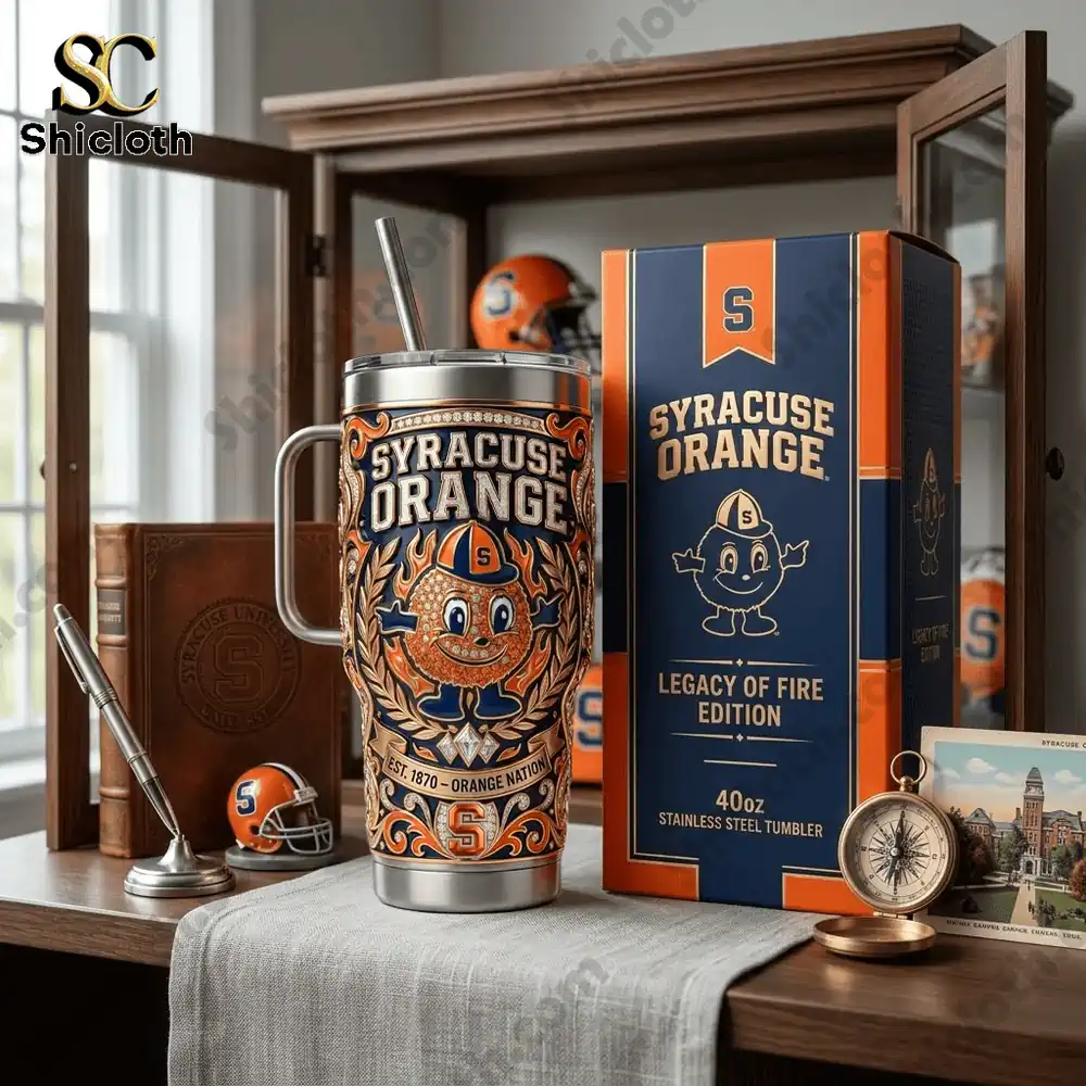 Syracuse Orange stainless steel tumbler displayed with box and decor