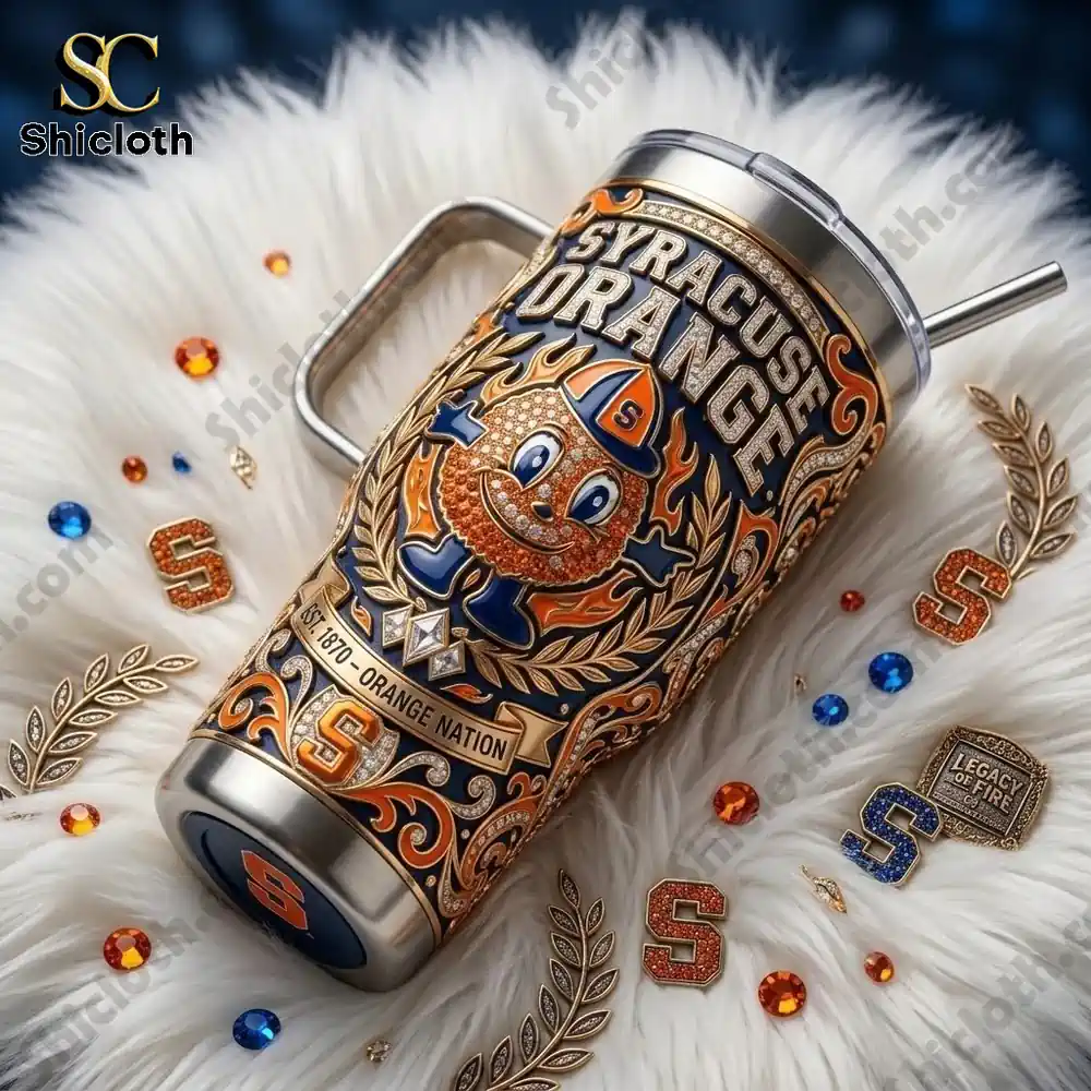 Close up of Syracuse Orange tumbler with detailed decorative design