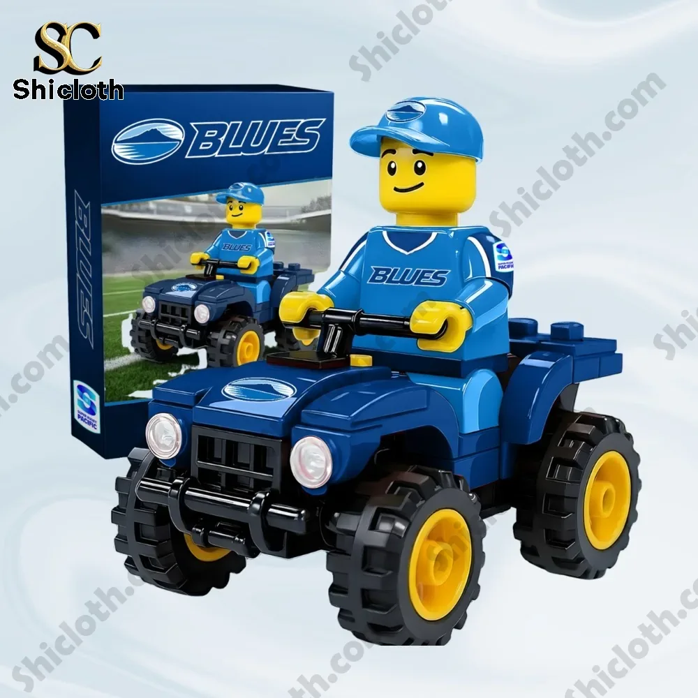 Blue toy quad bike displayed in a market scene with promotional text