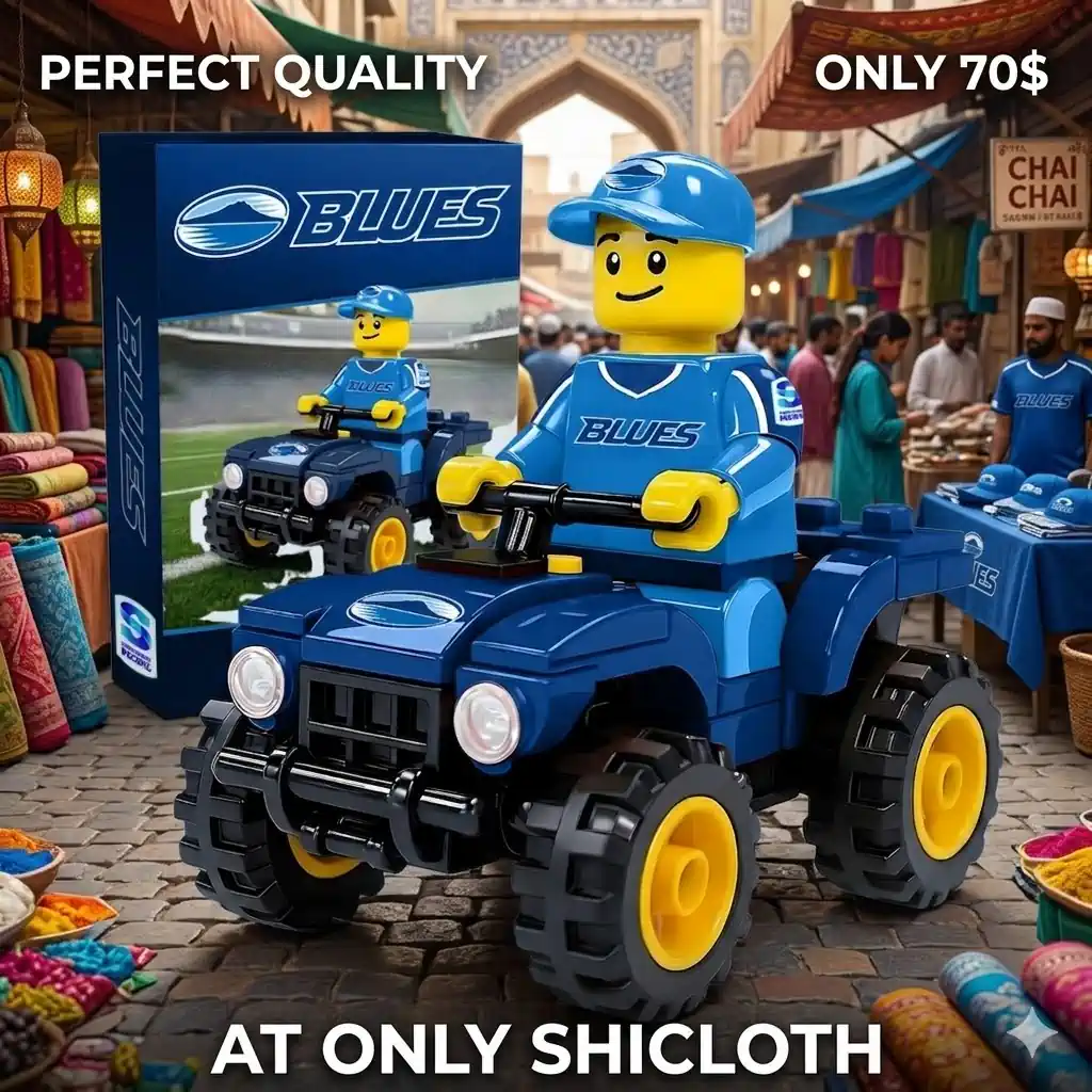 Blue toy quad bike displayed in a market scene with promotional text