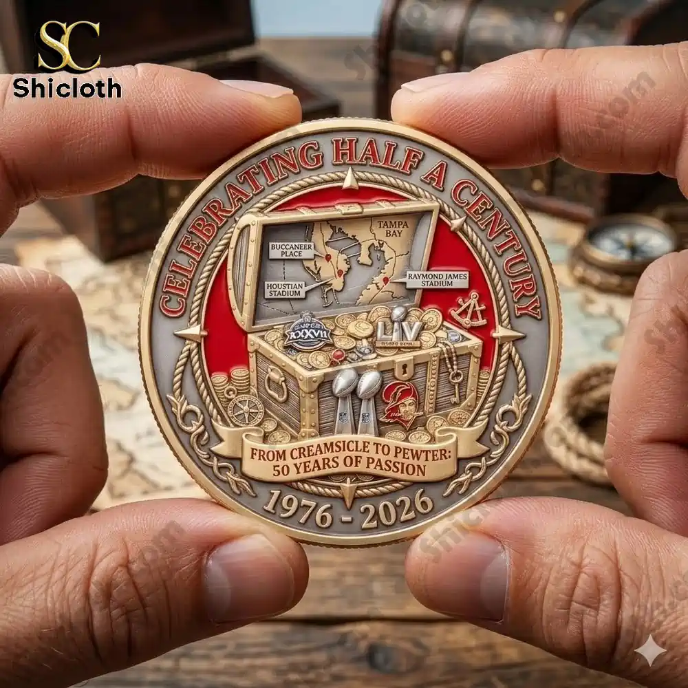 Tampa Bay Buccaneers commemorative coin held in hands showing treasure chest and team history map design!