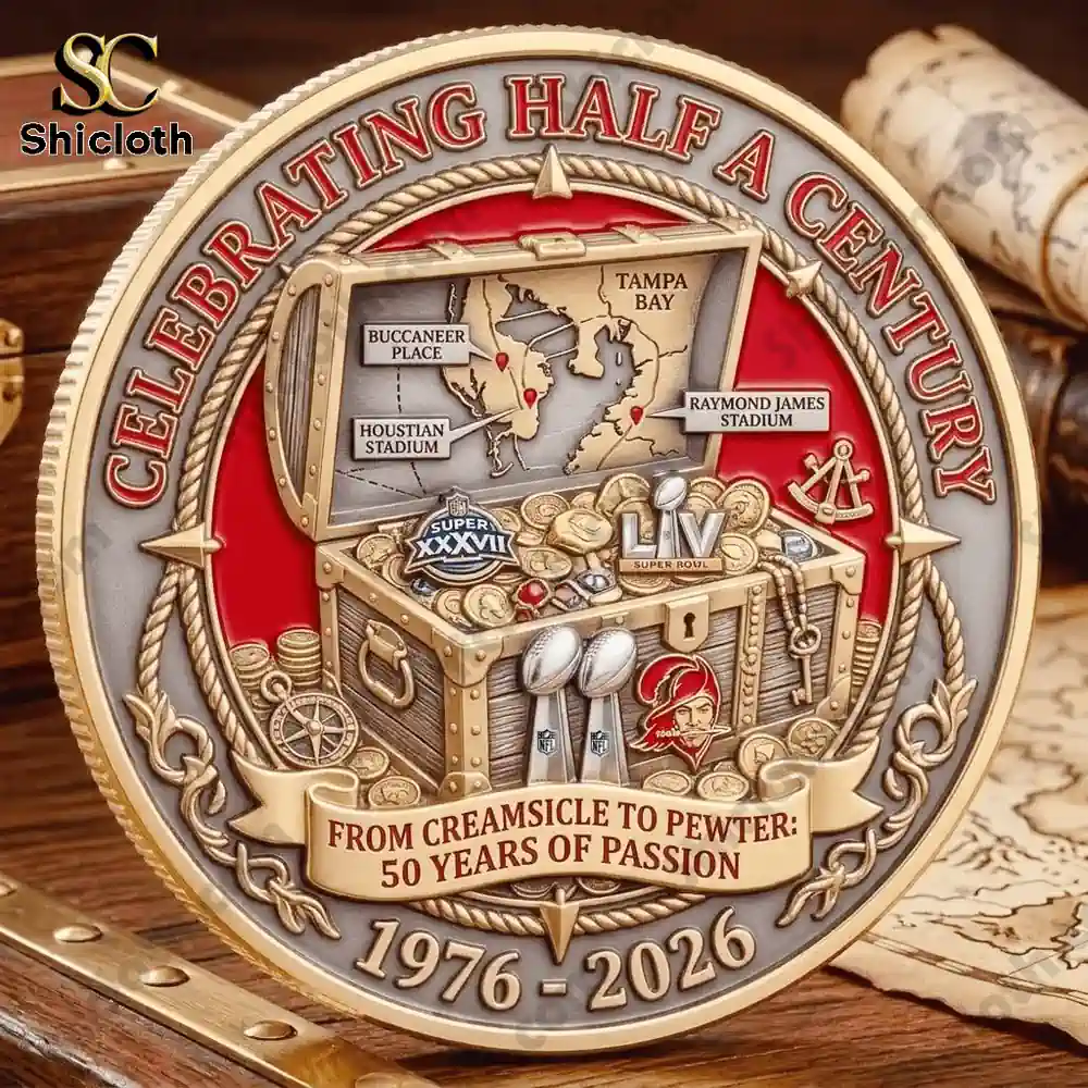 Close view of Tampa Bay Buccaneers commemorative coin with treasure chest and championship symbols!