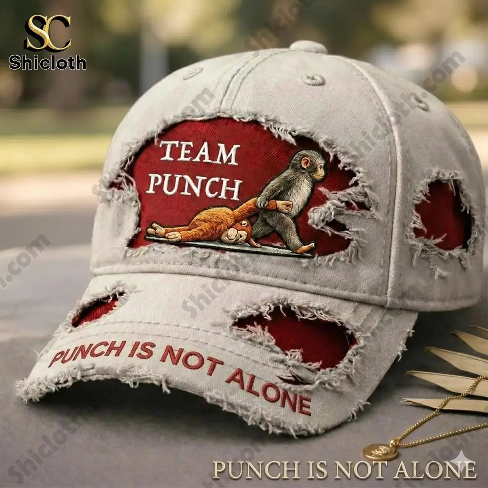 A fun and unique Team Punch cap featuring monkeys and the slogan "Punch is Not Alone", with rips on the hat adding a distressed look.