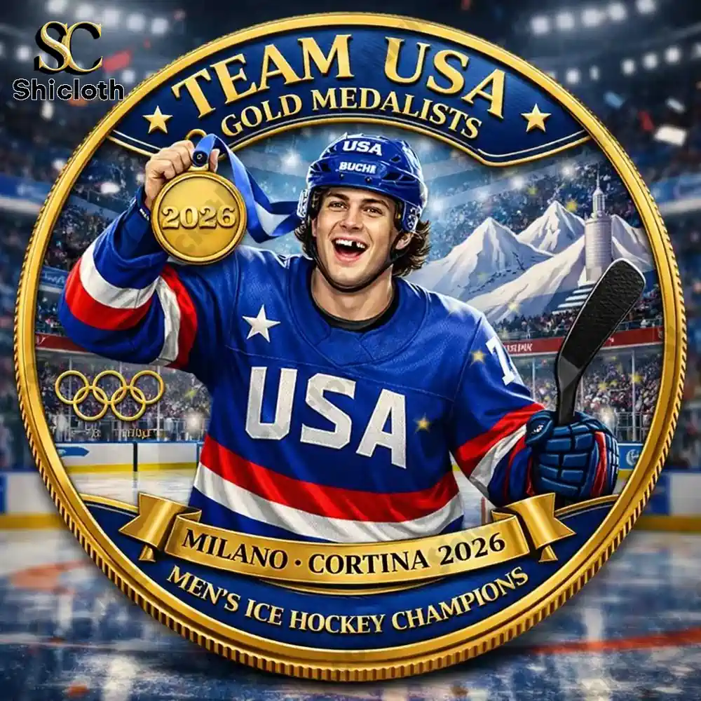 Team USA hockey champion player holding gold medal on commemorative coin design!