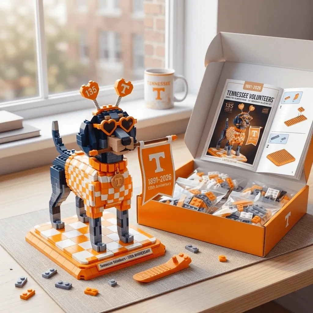 Tennessee Volunteers 135th Anniversary Commemorative Building Block Set 5 Open box block set with dog model pieces and instruction booklet