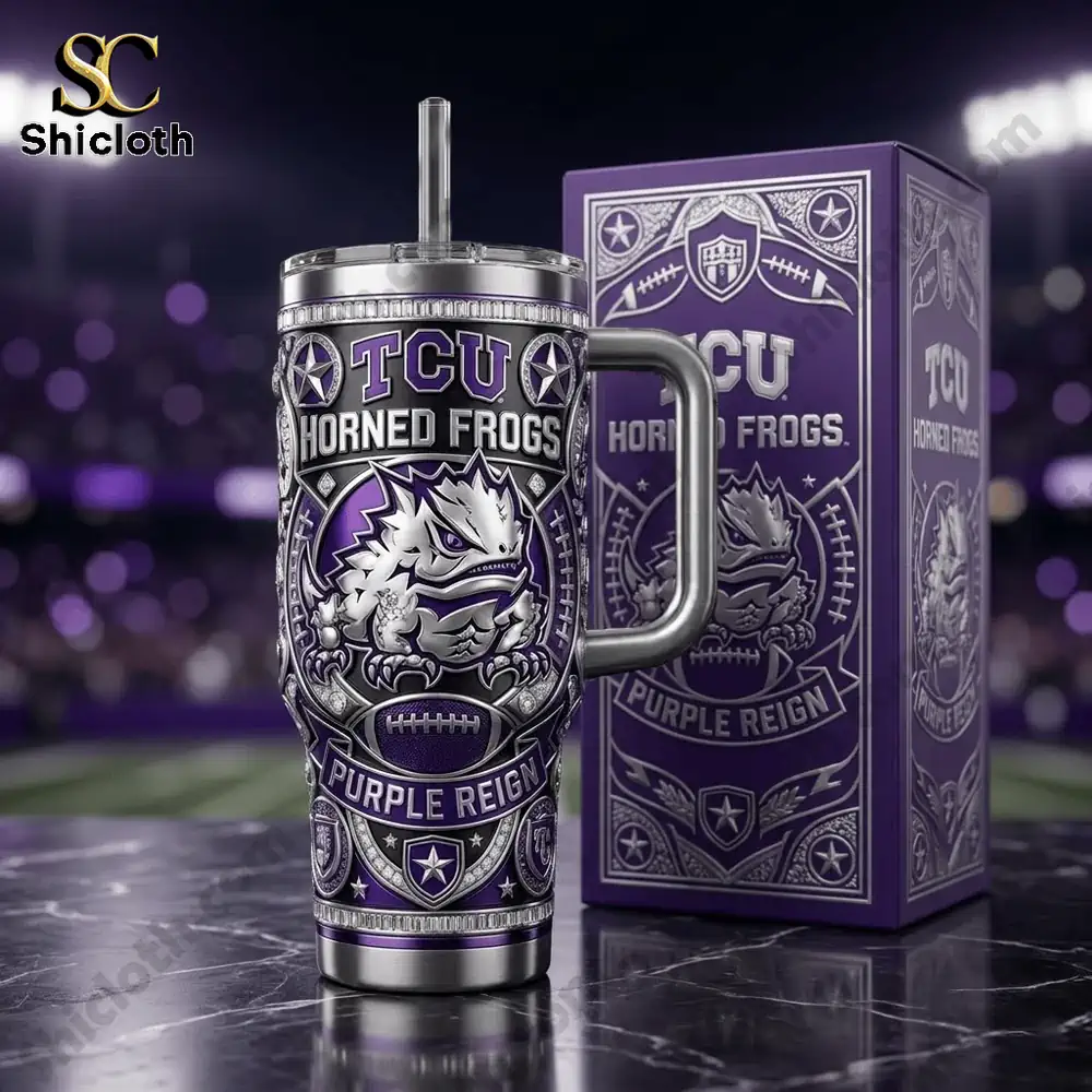 TCU horned frogs purple insulated tumbler with handle and box on stadium background!