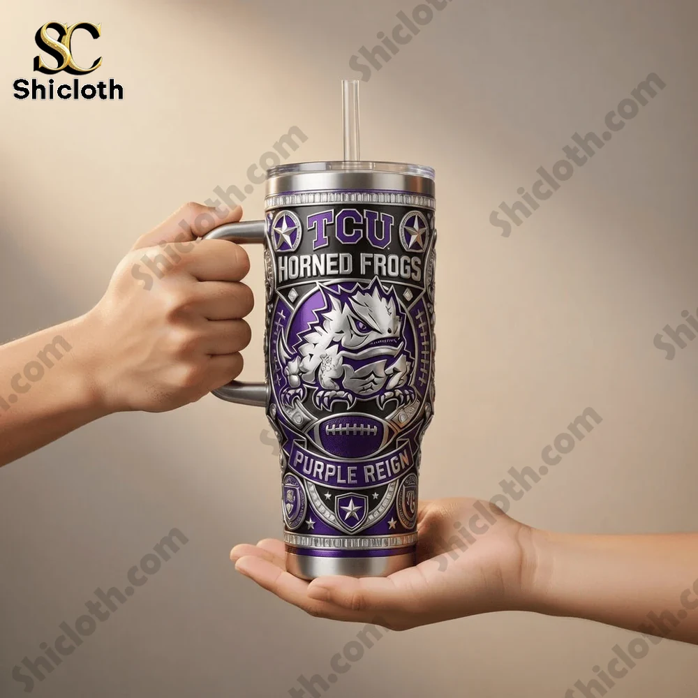 Tervis TCU Horned Frogs. 40oz Tumbler With Handle 4 Two hands holding TCU horned frogs purple tumbler on neutral background!