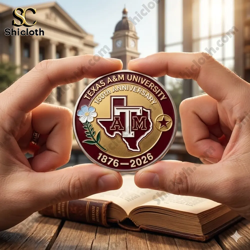 Texas AM university anniversary coin held between hands in front of campus building!