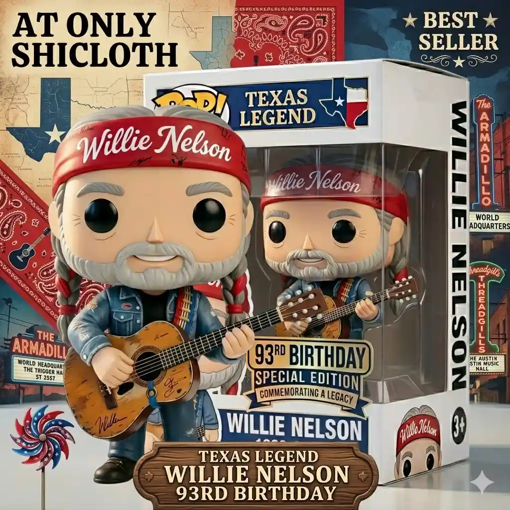 Willie Nelson figure in box with Texas themed background best seller display