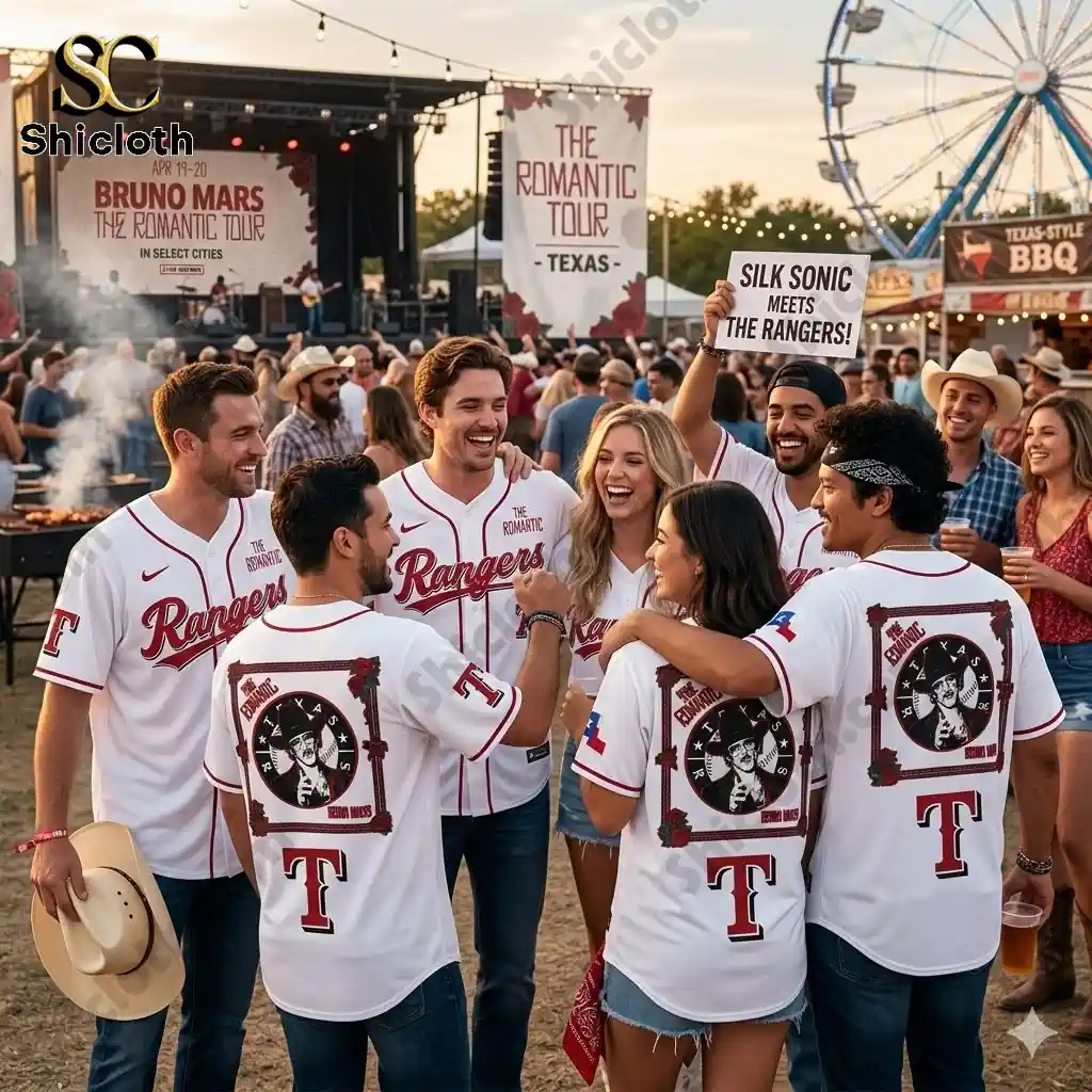 Group of friends wearing Texas Rangers Bruno Mars The Romantic Tour jerseys at an outdoor festival