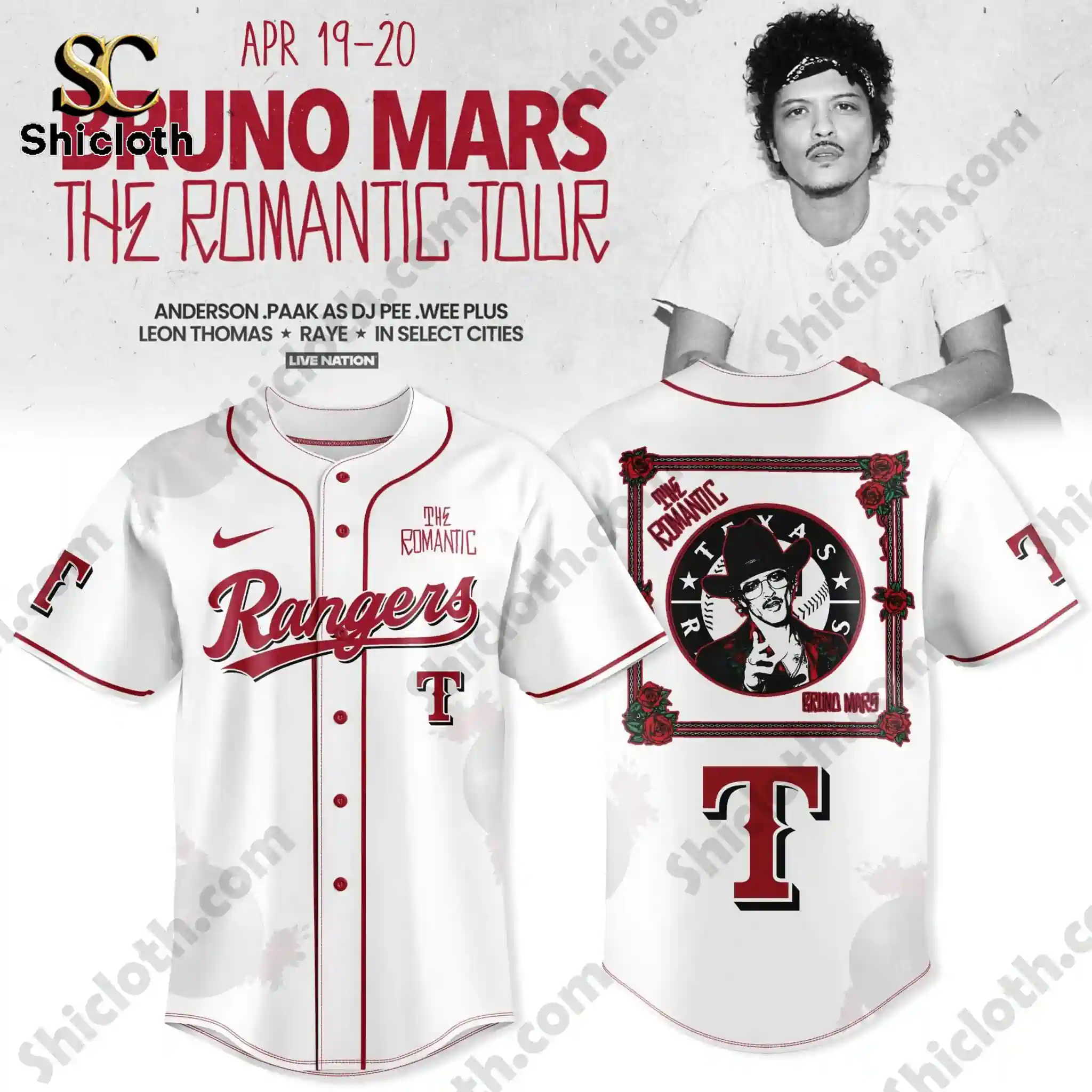 Front and back view of white Texas Rangers Bruno Mars The Romantic Tour jersey by Shicloth