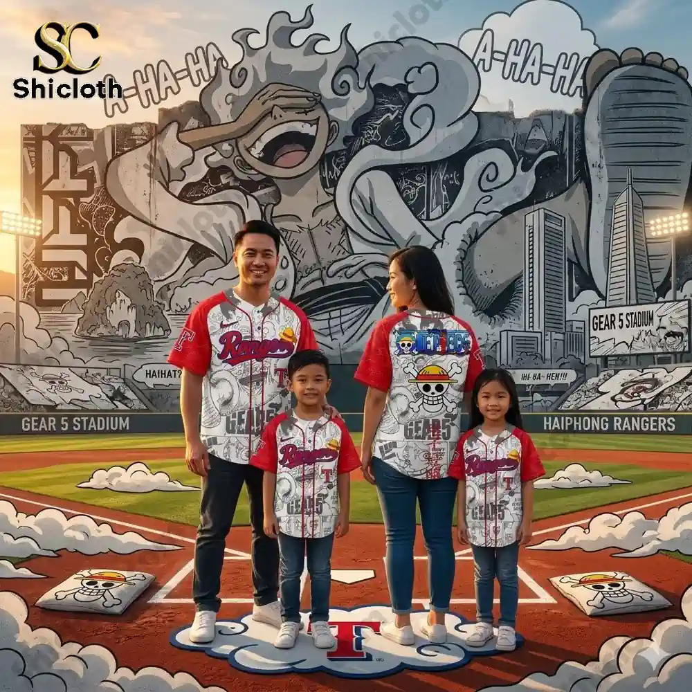 Family wearing texas rangers one piece jersey at baseball stadium mural!