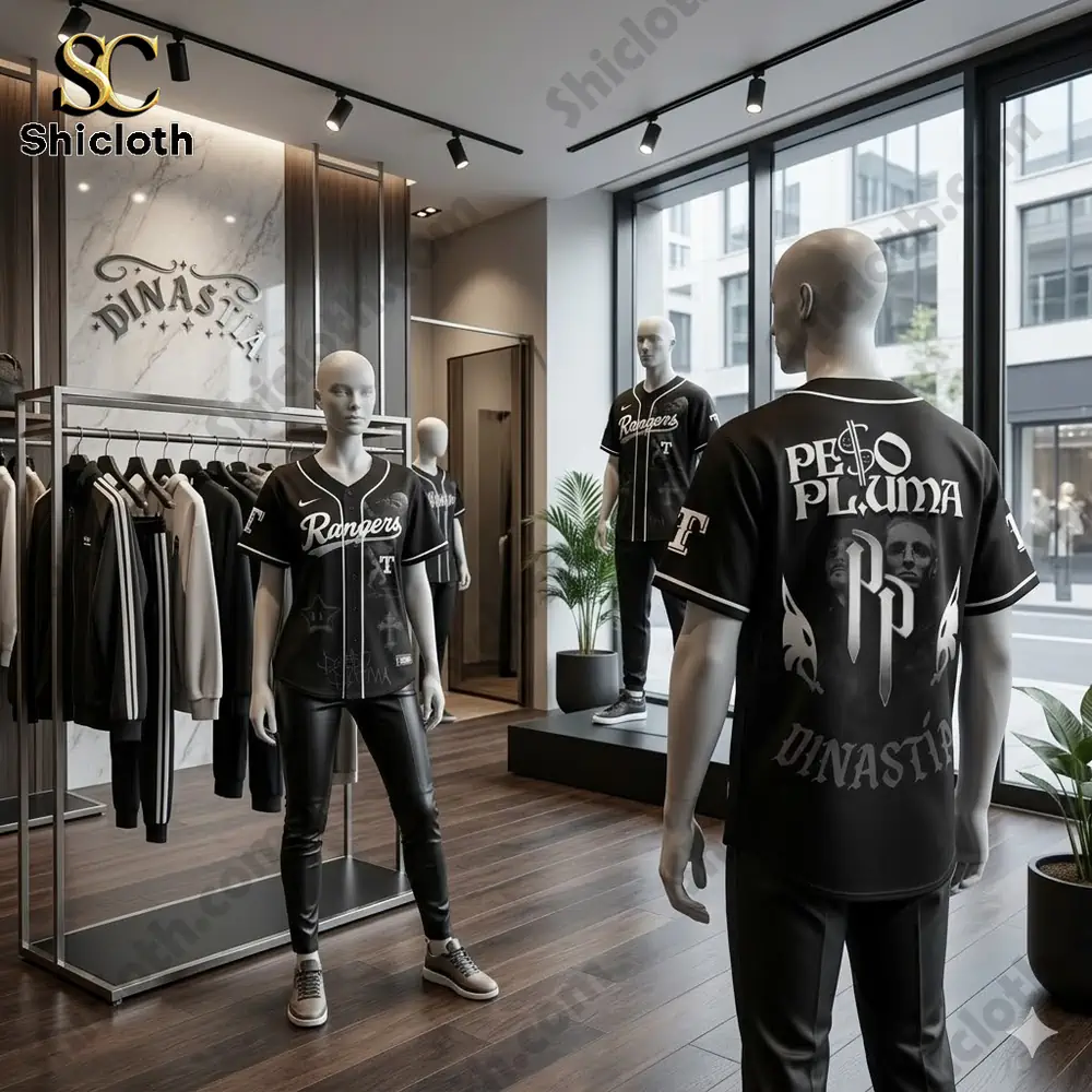Shicloth store display with black Peso Pluma Dinastia Rangers jersey on mannequins!
