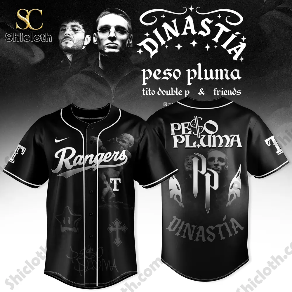Front and back design of black Peso Pluma Dinastia Rangers jersey by Shicloth!