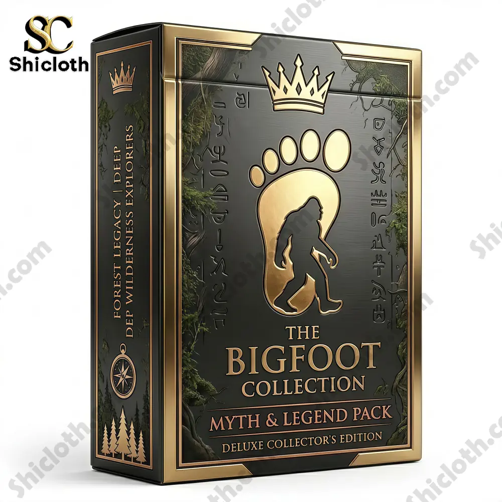 Bigfoot themed playing card box with gold and forest design