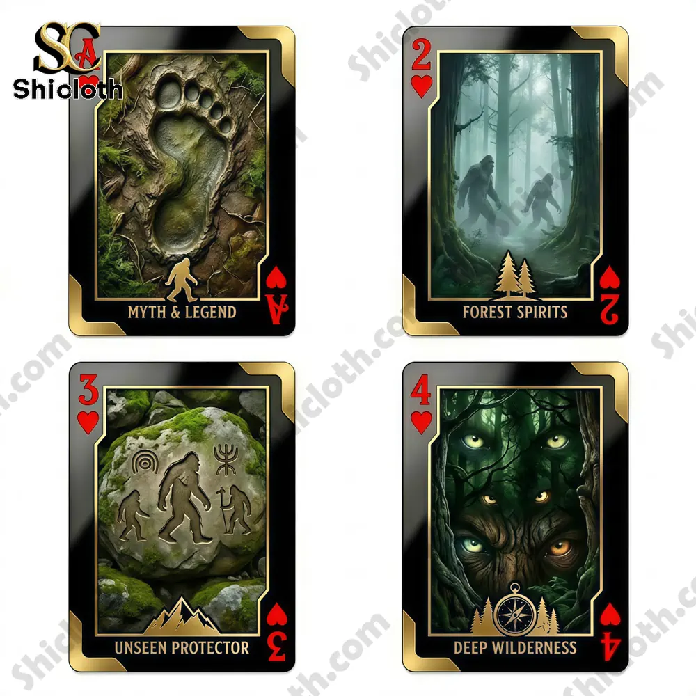 Bigfoot themed playing cards with forest and myth illustrations