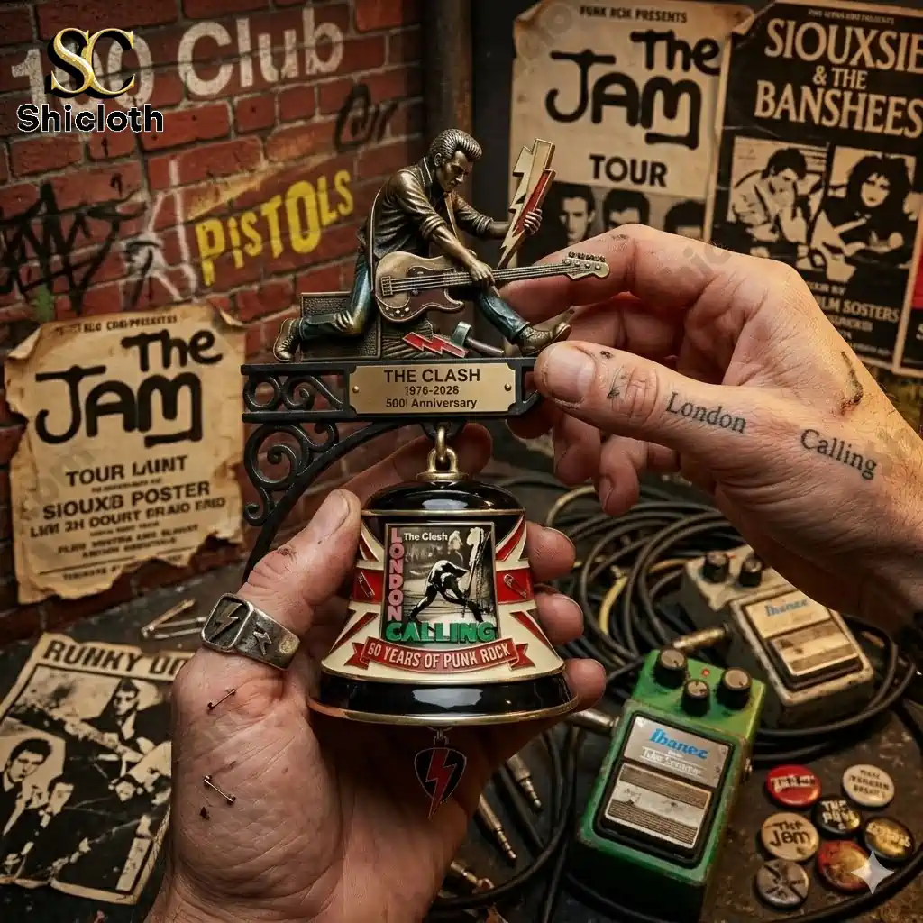 The Clash commemorative wall bell held in hands with punk music posters in background!