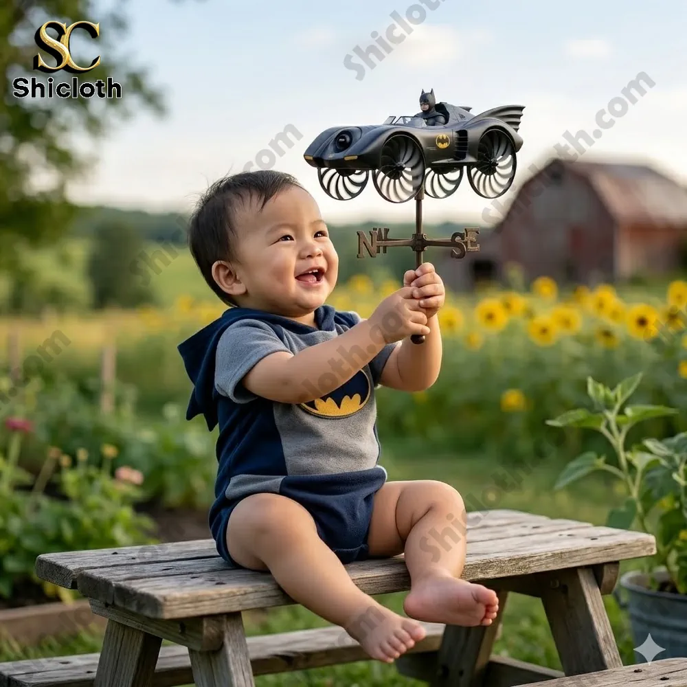 Baby holding Batman wind spinner in sunny garden