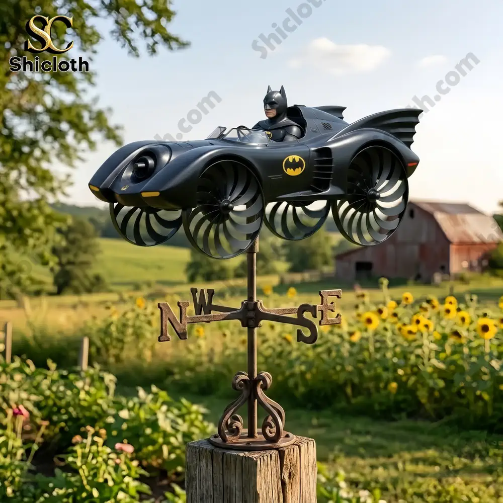 Batman car wind spinner on pole in garden