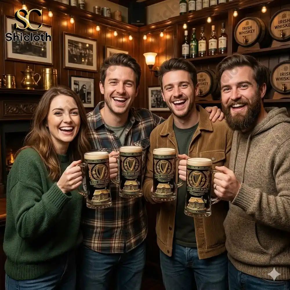 Group of friends holding Irish pub beer mugs in a cozy bar setting!