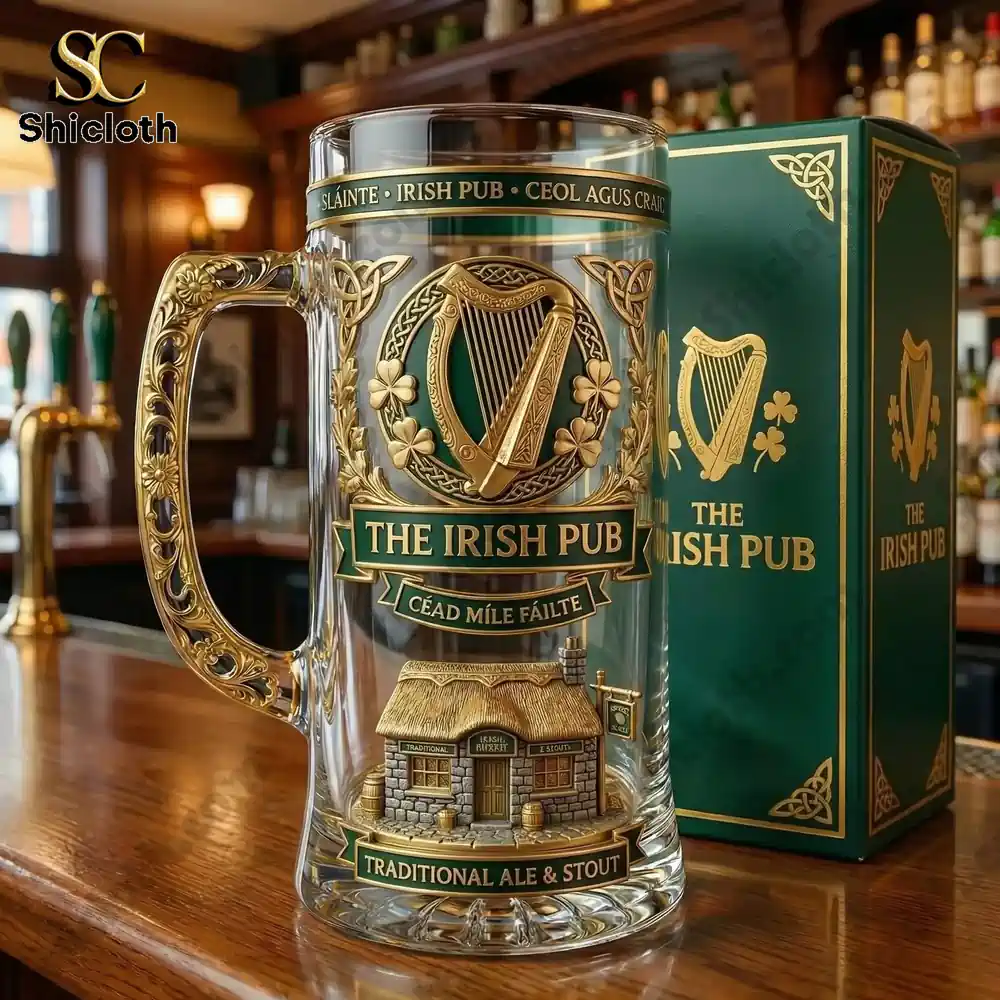 Detailed Irish pub themed beer glass with decorative box on bar counter!