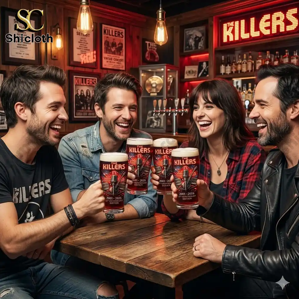 Friends holding themed beer glasses in a bar celebrating music band anniversary!