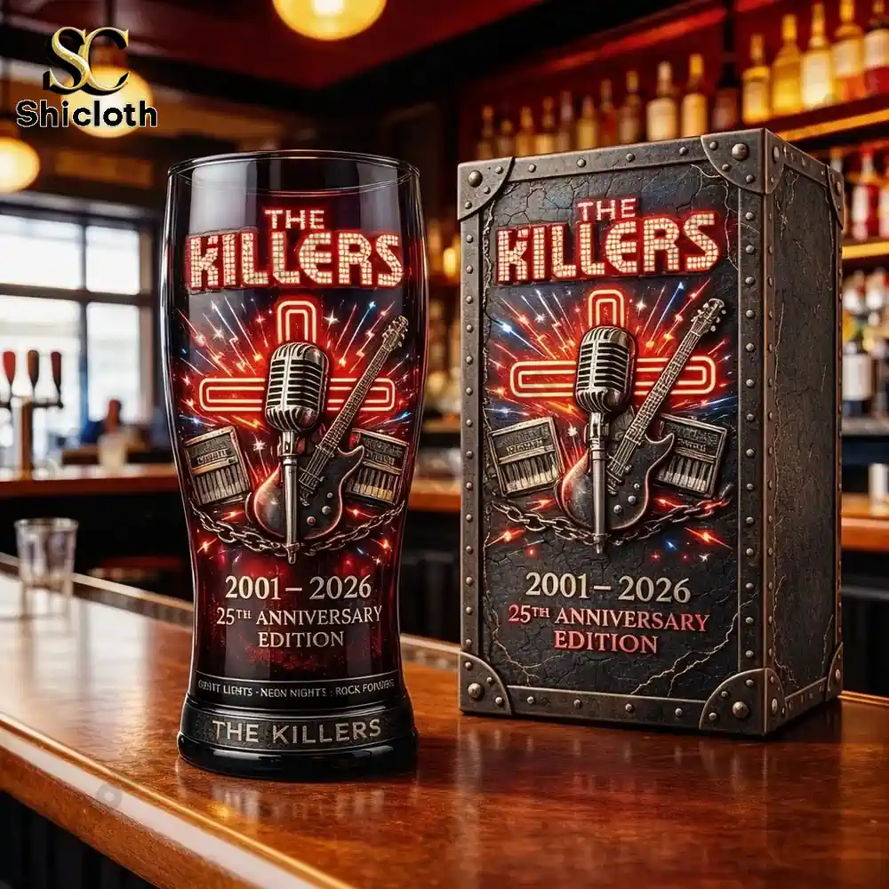 Close up of anniversary beer glass and matching box with rock music design!