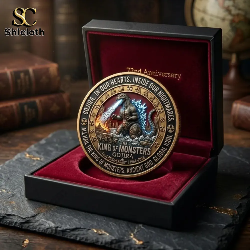 Godzilla commemorative coin displayed in a luxury box