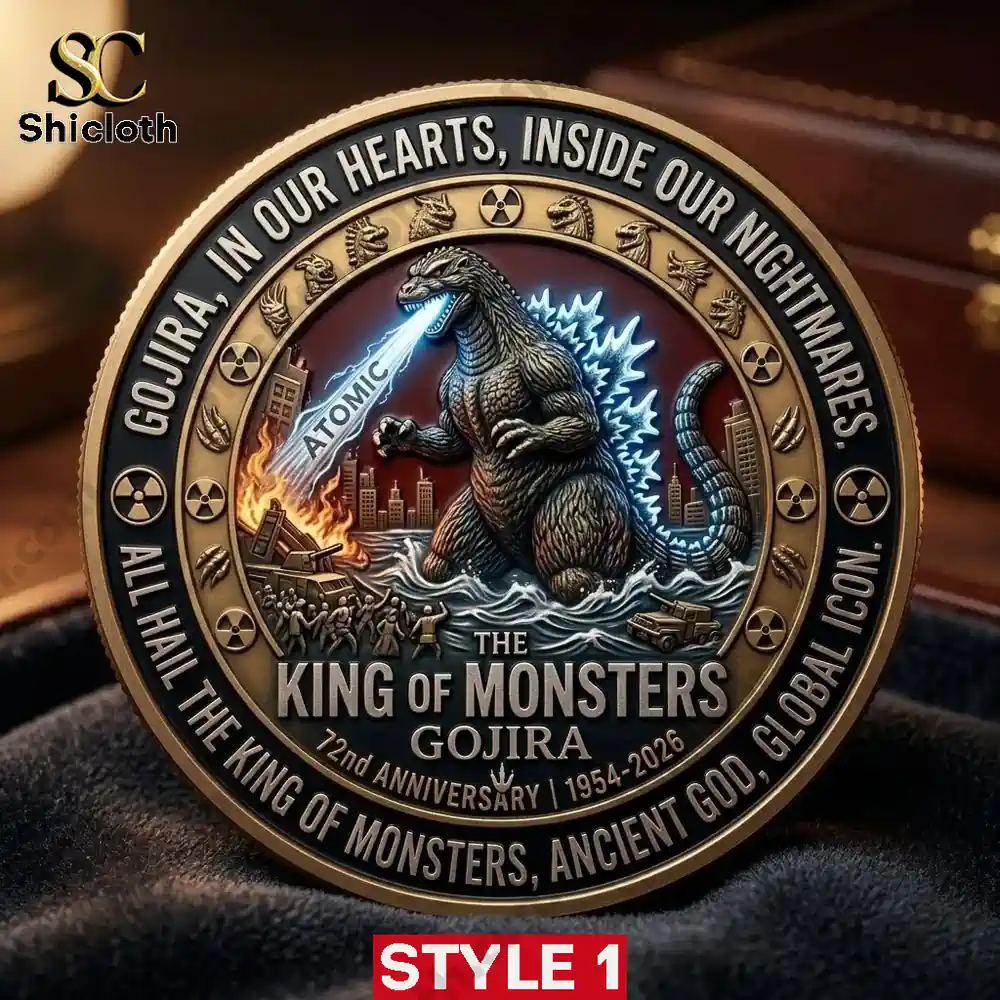 Godzilla coin design with atomic breath and city background