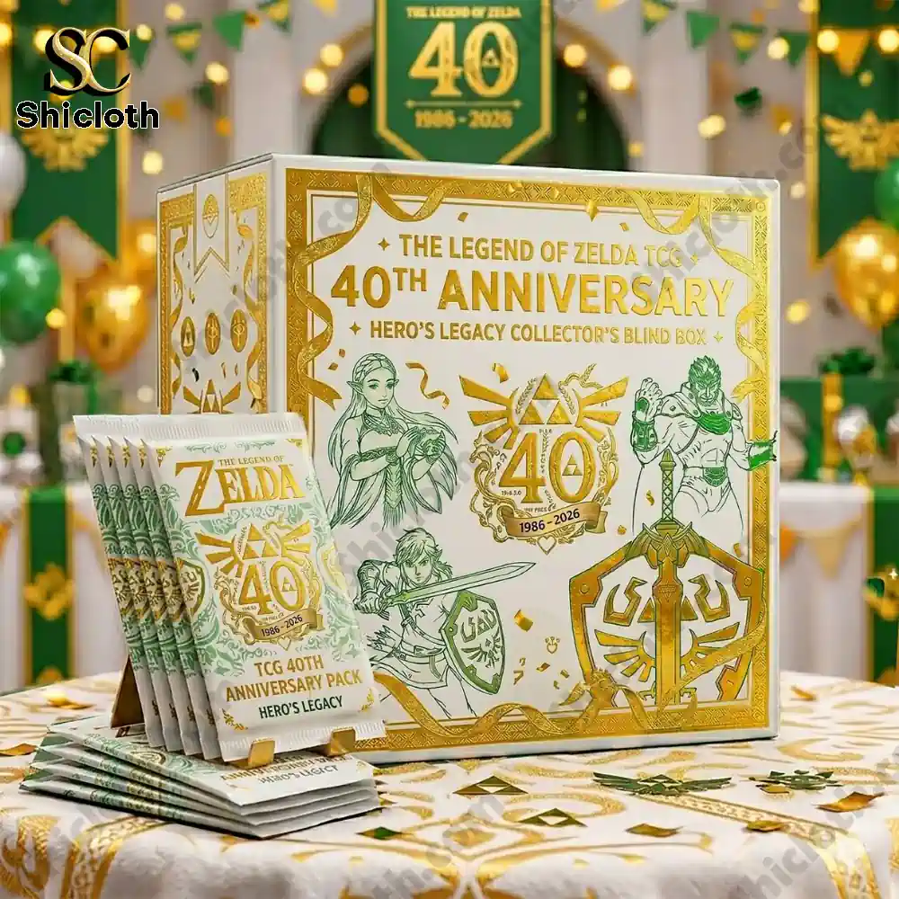 white and gold zelda anniversary card box with packs displayed!