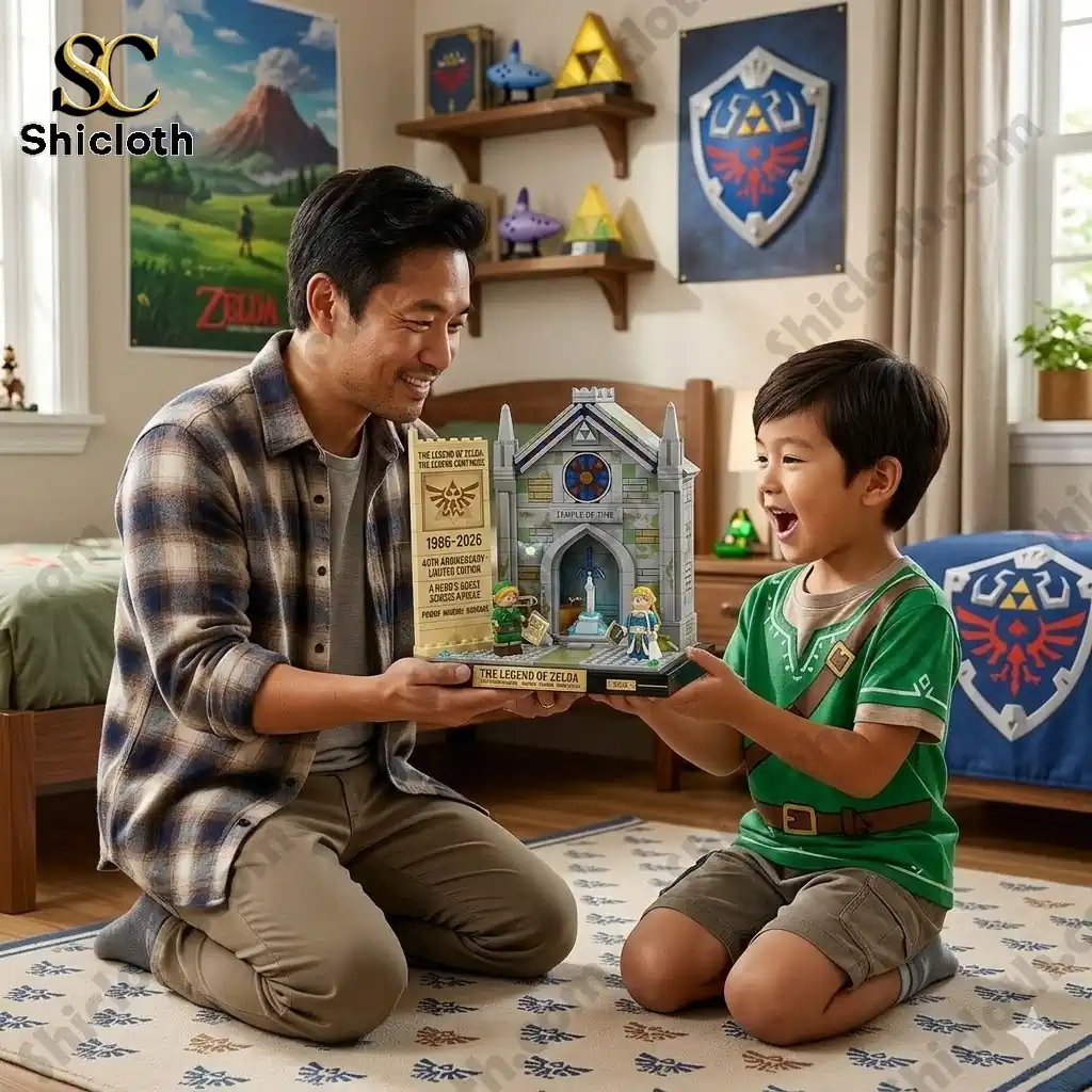 Father and son holding Legend of Zelda Temple of Time building block set in bedroom!