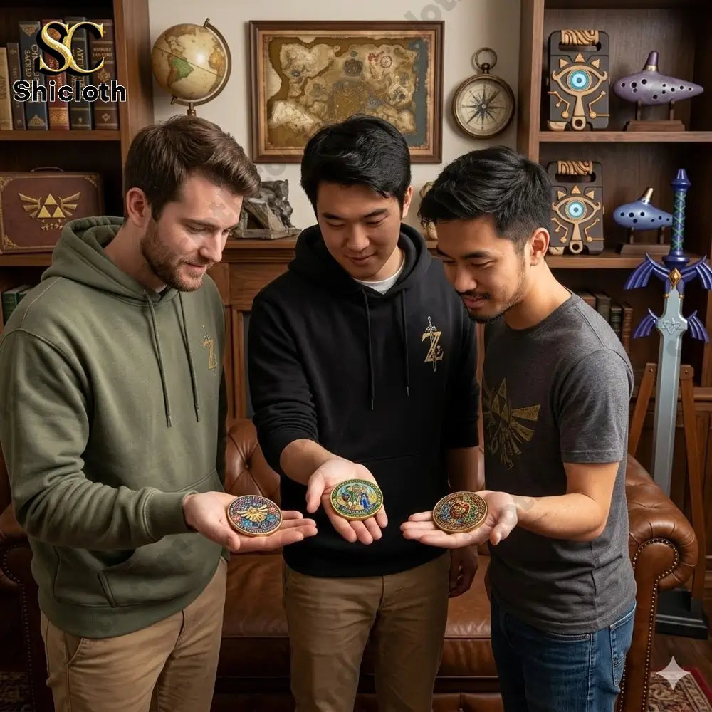 Three collectors holding Zelda anniversary commemorative coins in a fantasy themed room!