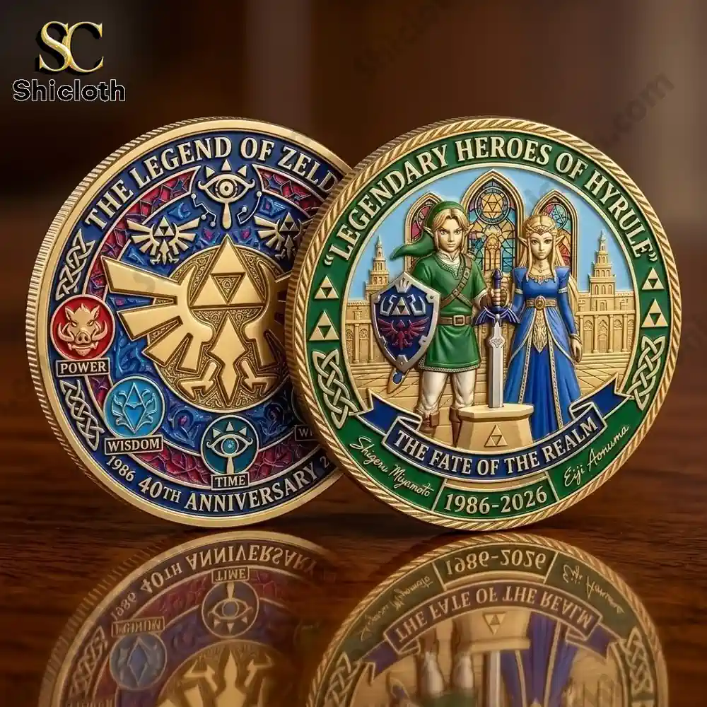 Detailed front and back design of Zelda anniversary commemorative coin featuring Link Zelda and Hyrule symbols!