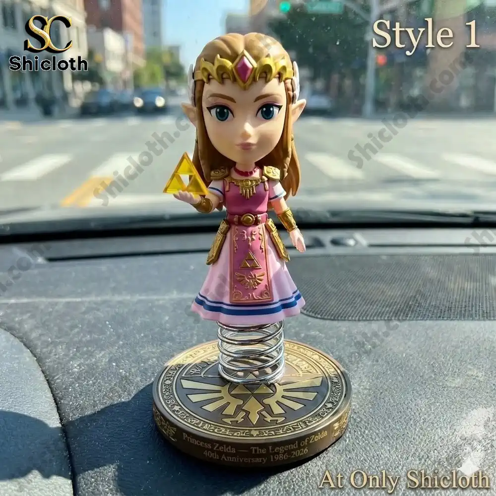 Princess Zelda dashboard bobblehead standing on car dashboard in city street!