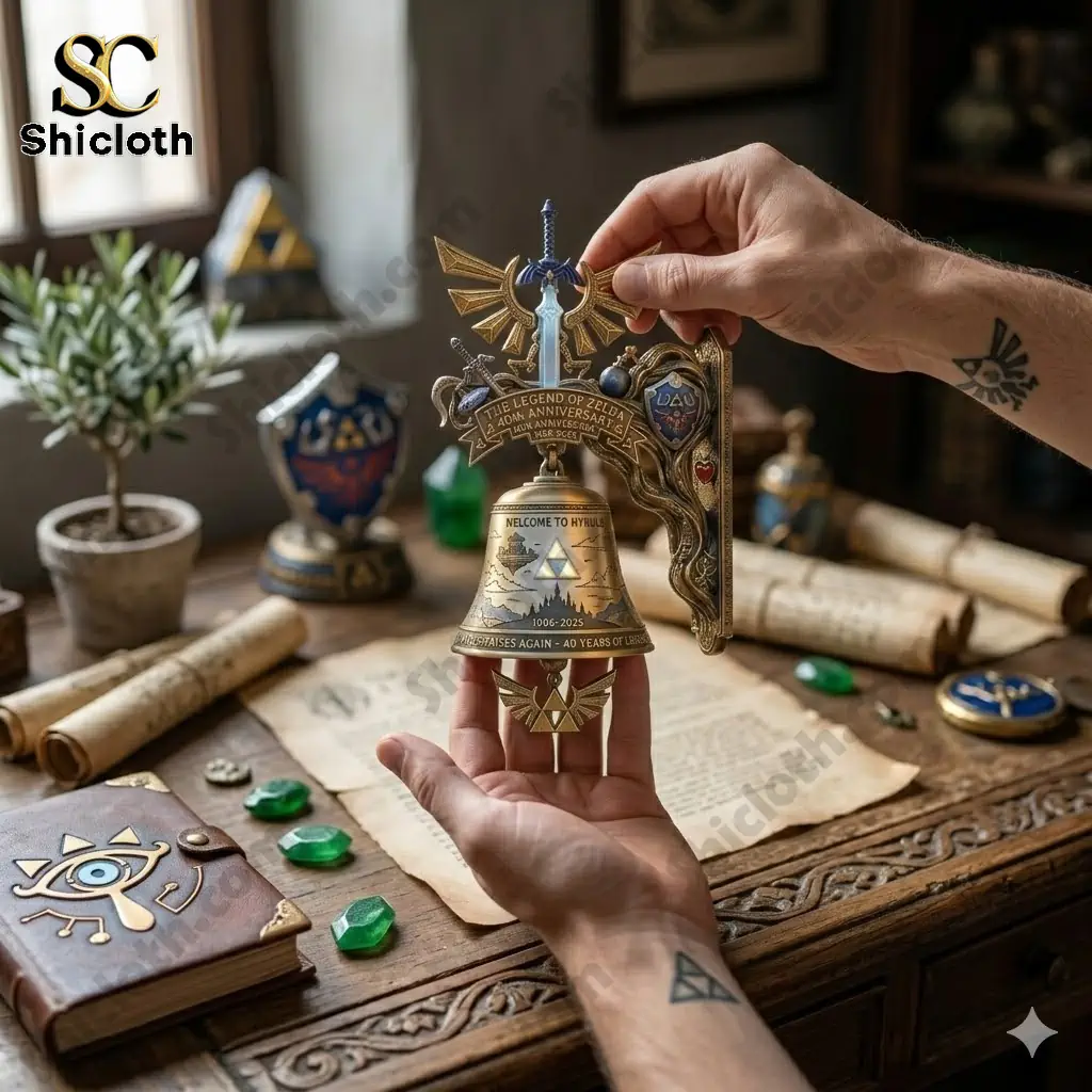 Hand holding a Zelda anniversary wall bell with sword and crest details!