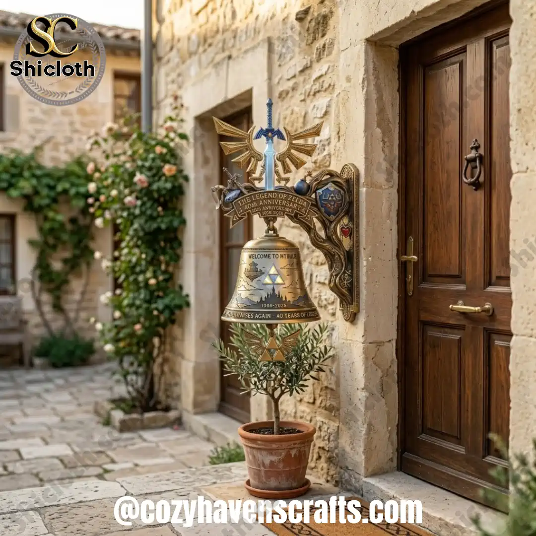 Zelda anniversary wall bell mounted beside a wooden door on a stone wall!