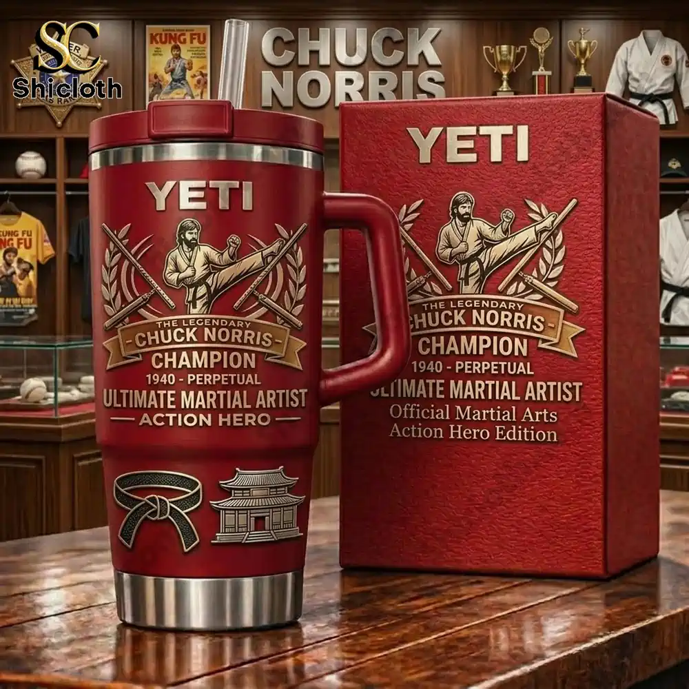 Red Yeti tumbler with Chuck Norris design next to matching collector box