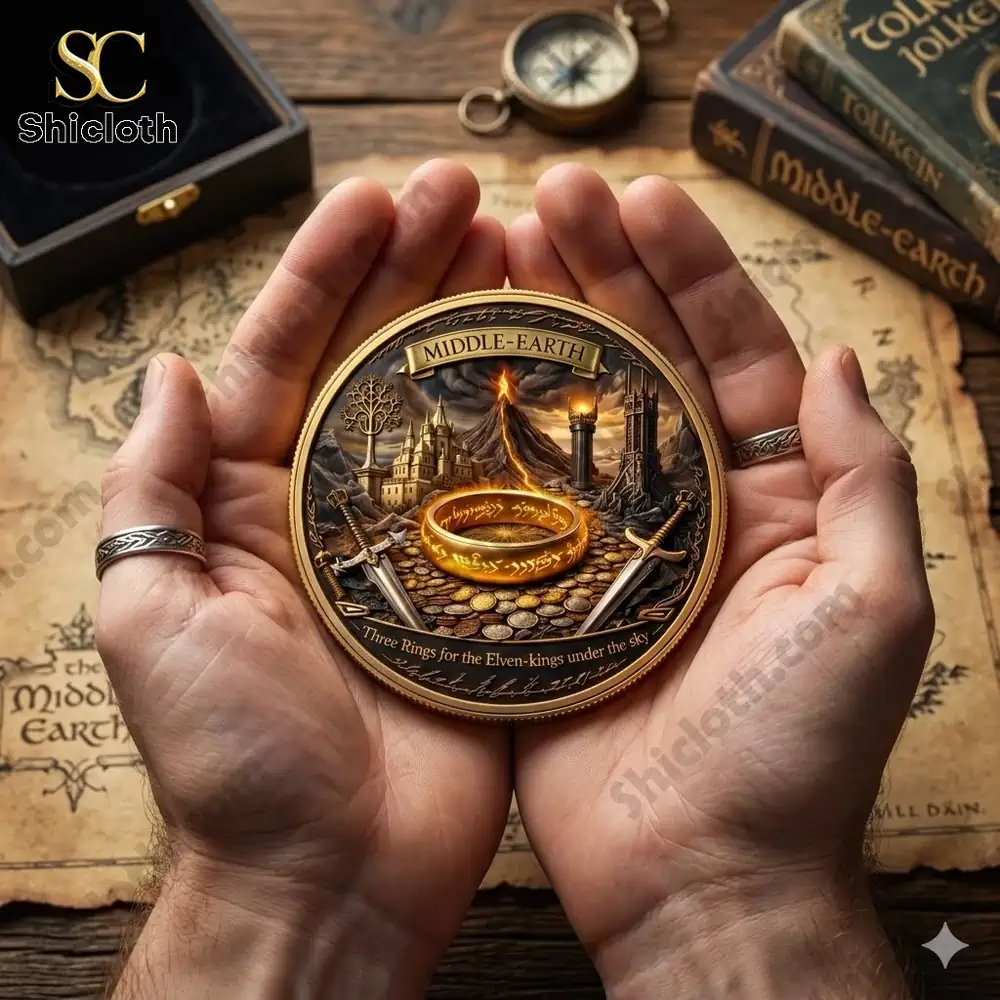 Hands holding middle earth ring themed commemorative coin on fantasy map!