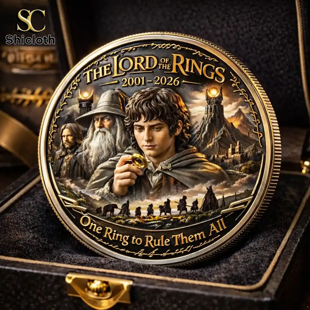 Lord of the rings commemorative coin with frodo gandalf and fellowship journey scene!