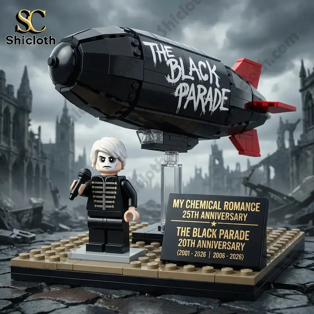 Black blimp brick model with singer figure on dark ruined background!