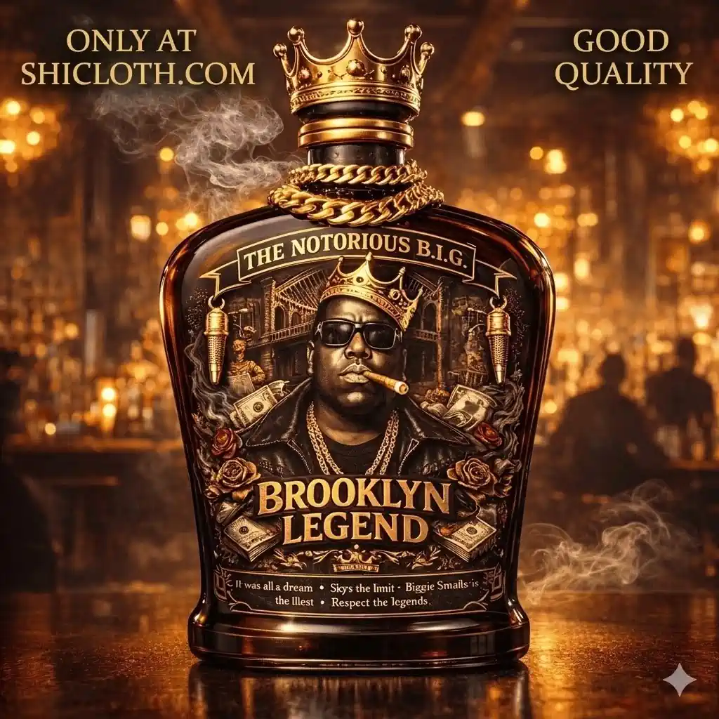 Luxury whiskey bottle with crown and portrait of Notorious Big Brooklyn legend design!
