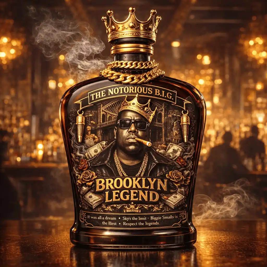 Brooklyn legend whiskey bottle with golden crown chain and Notorious Big portrait design!