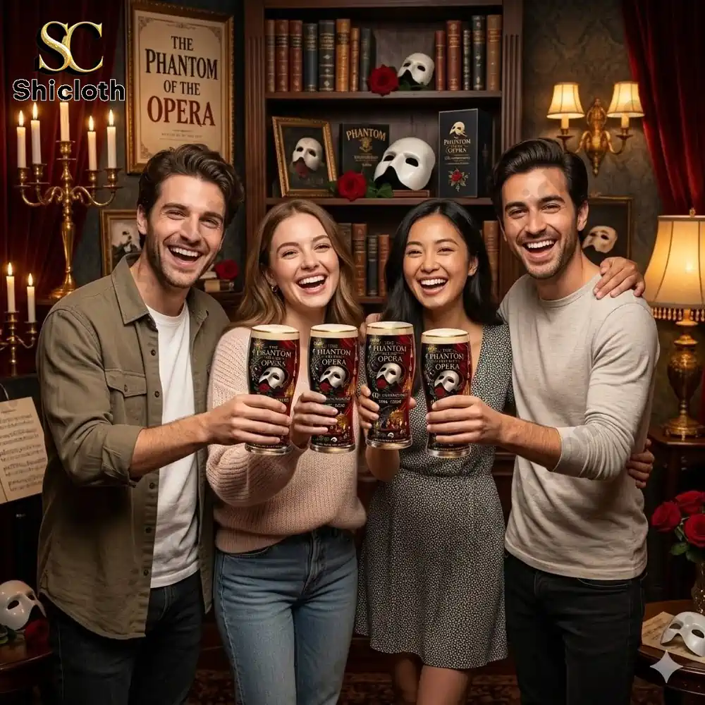 Friends holding Phantom Of The Opera fortieth anniversary music of the night beer glass by Shicloth and celebrating together!