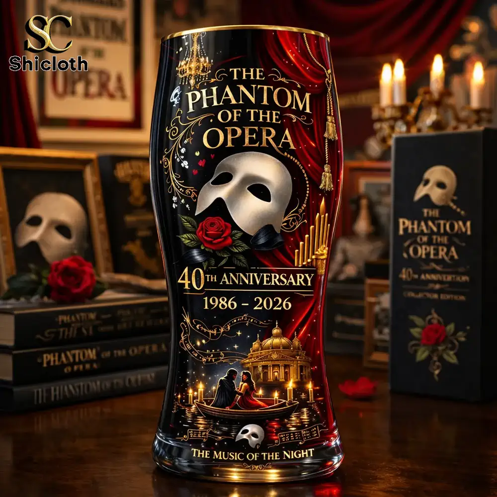 Close view of Phantom Of The Opera fortieth anniversary music of the night beer glass design by Shicloth!