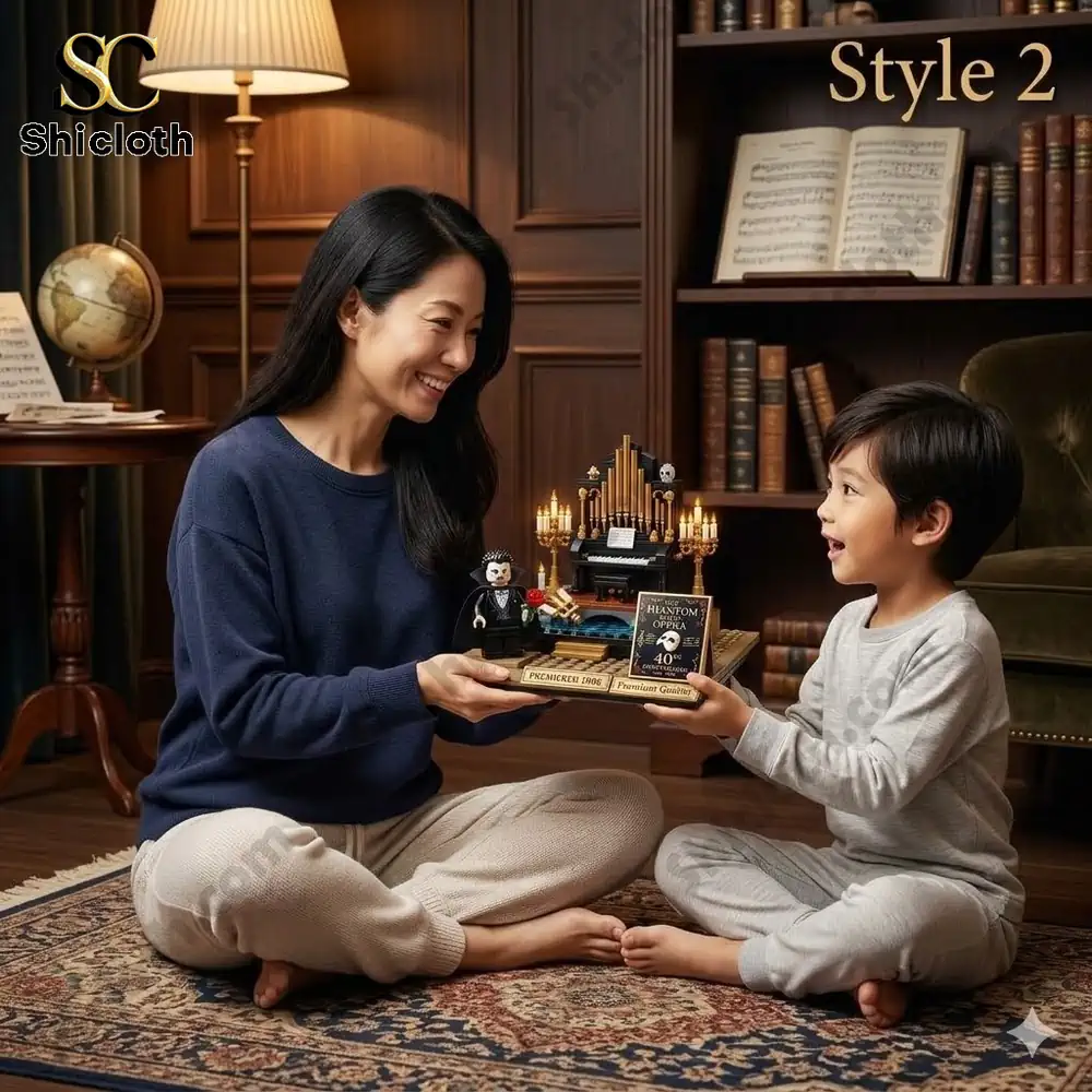 Mother giving child Phantom of the Opera 40th Anniversary building block set in cozy study room!