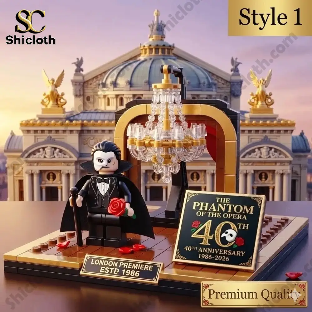 Phantom of the Opera 40th Anniversary building block display with chandelier and opera house background!