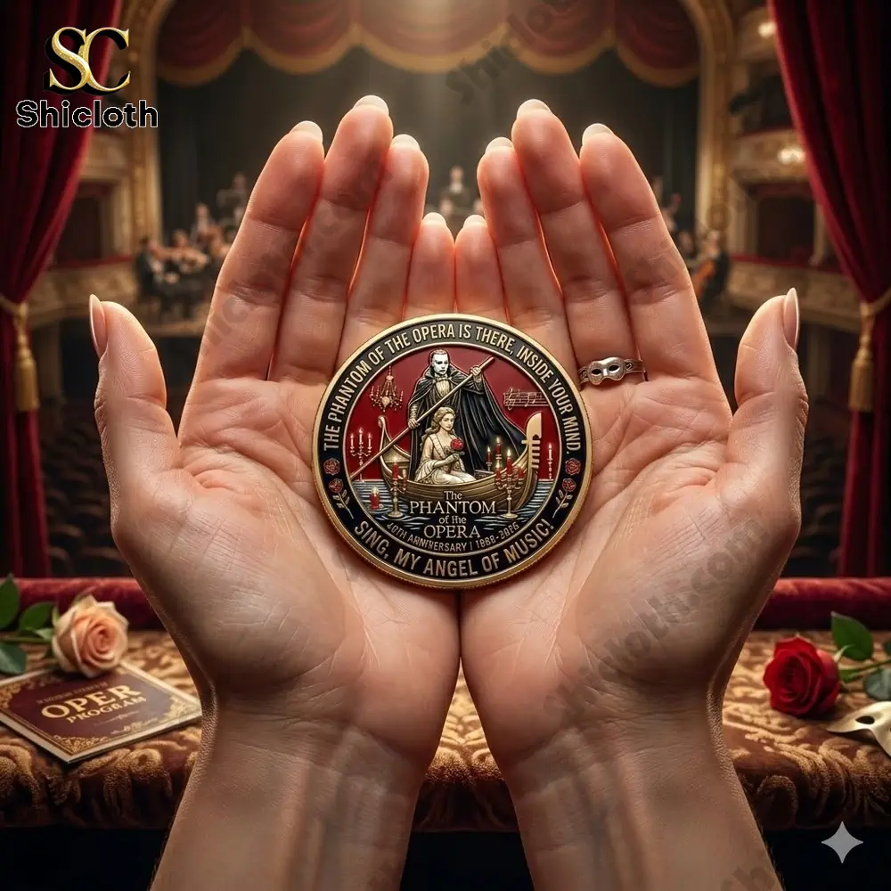 Hands holding The Phantom of the Opera 40th Anniversary commemorative coin inside an opera theater stage!