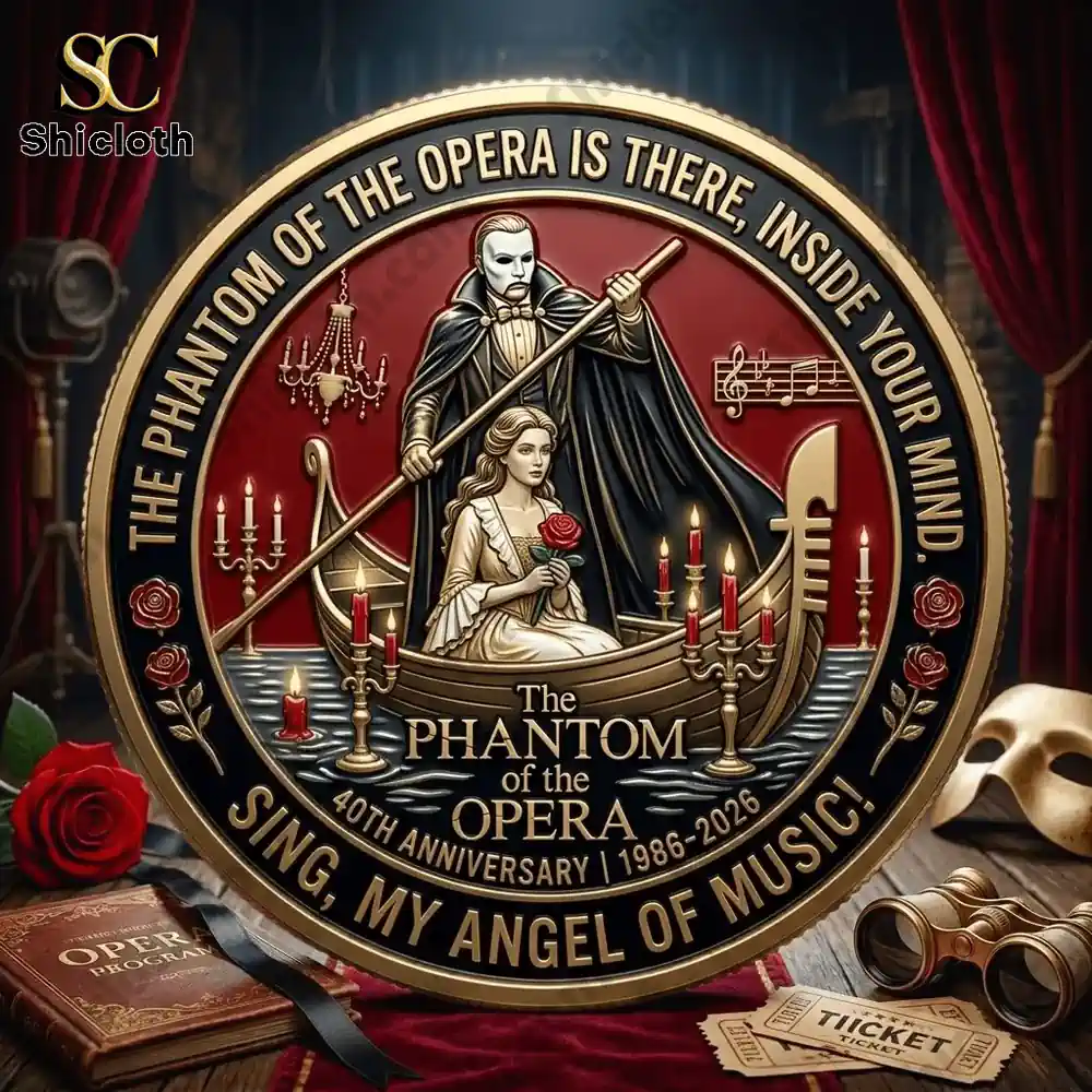 Front design of The Phantom of the Opera 40th Anniversary commemorative coin with Phantom and Christine in a candlelit boat scene!