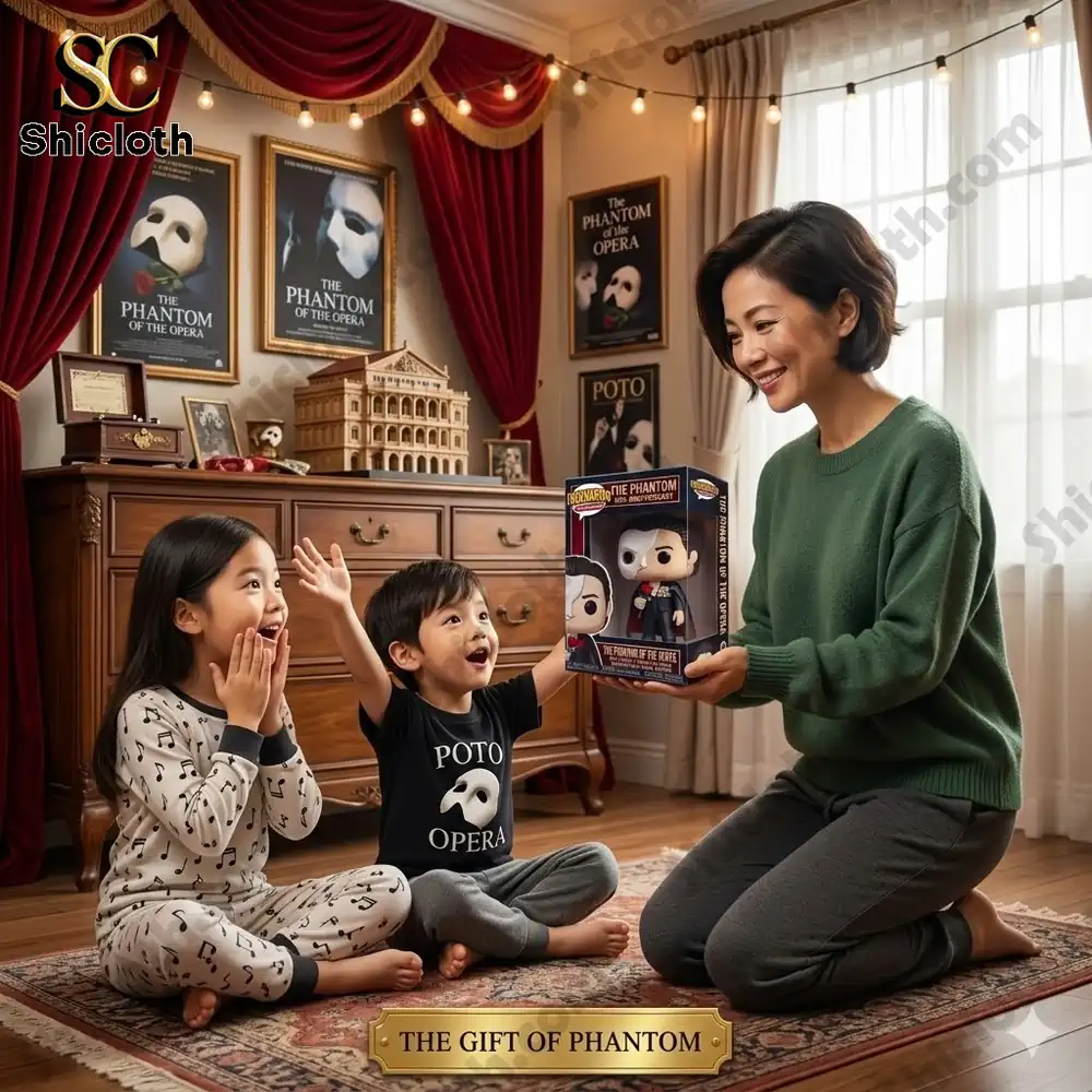 Mother giving Phantom Of The Opera anniversary figure gift to excited children in musical themed room!