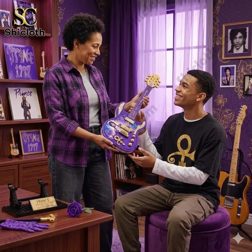 Mother giving son a purple prince guitar brick display set in a music themed room!